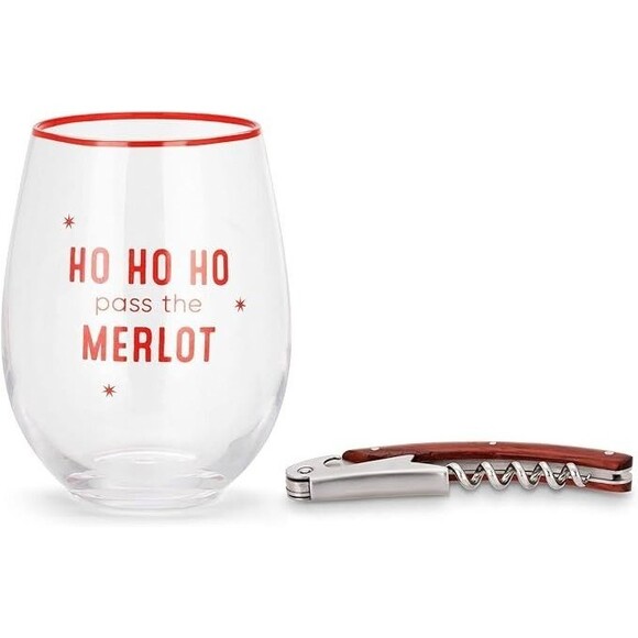 DEMDACO Ho Ho Ho Merlot 12 oz Wine Glass & Corkscrew Holiday Gift Set NEW - Picture 3 of 3